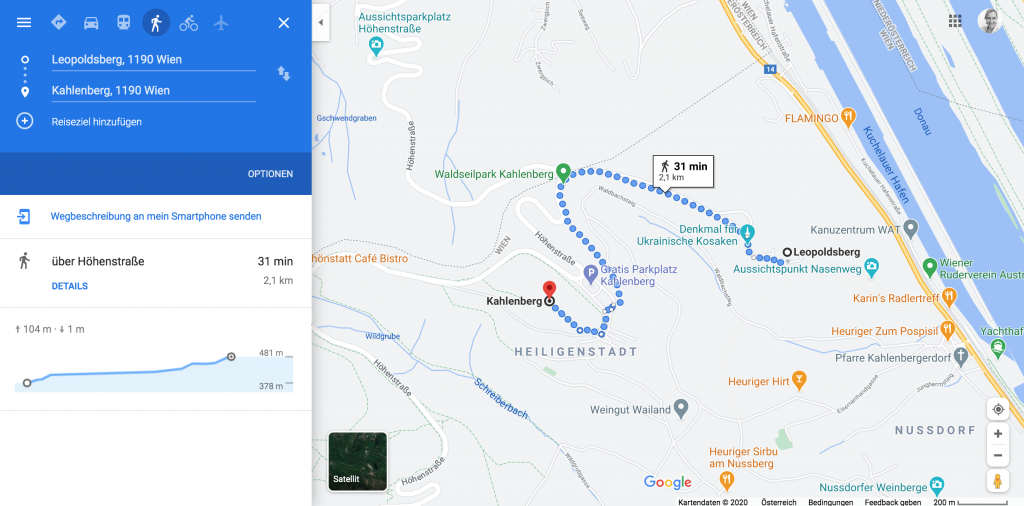 Route Leopoldsberg - Kahlenberg ©google maps