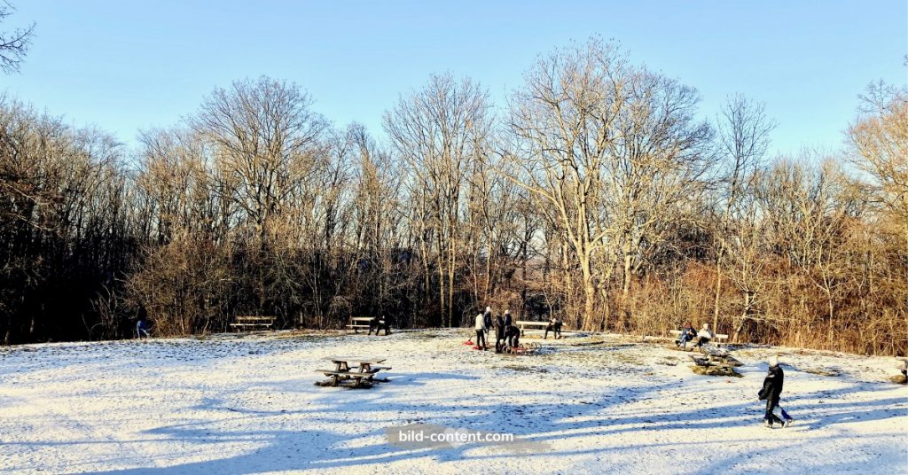 Blick von der Schutzhütte am Hameau auf die Wiese. Bild: Februar 2021, © Astrid Eishofer